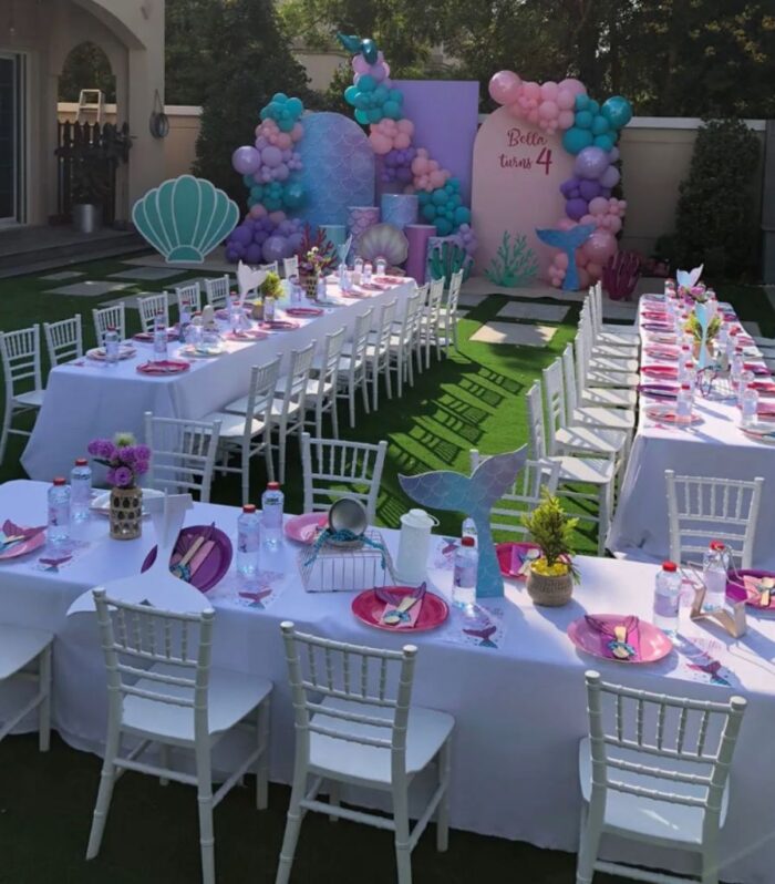 White Folding Tables and White Chiavari Chairs for 20 Kids
